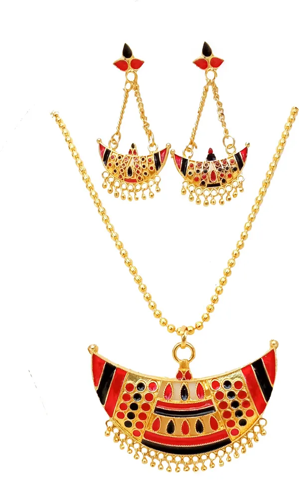 Assamese_Traditional_Gold_Plated_Red_Black_Colour_Joonbiri_Chain_Jewellery_Set_For_Women_Girls